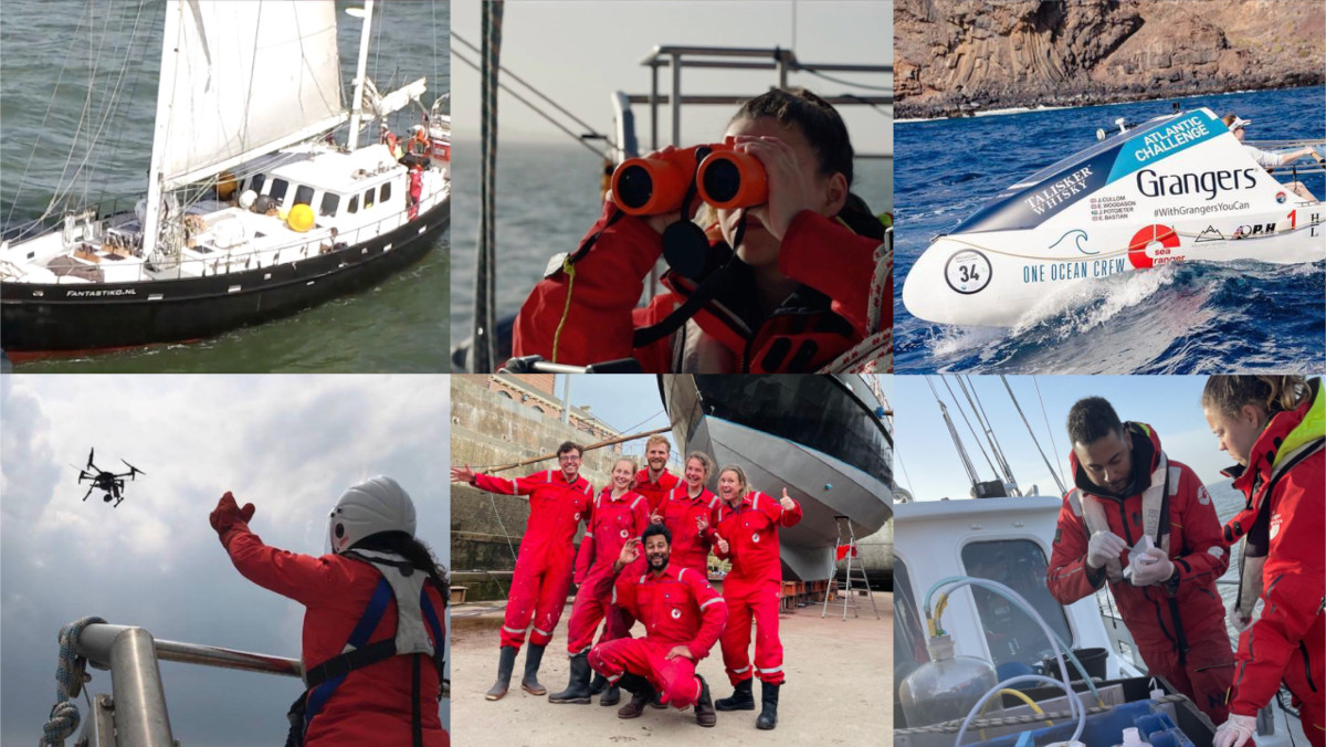 A collage of six images highlights the work that the Sea Rangers do. One image is of a drone being launched for ocean conservation, another shows Sea Rangers measuring pollution levels in ocean samples; and others show the Sea Rangers in red uniforms in various poses.