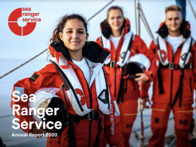 Front cover of the Sea Ranger Service annual report 2020. Image includes a group of Sea Rangers posing in uniform, looking heroic.