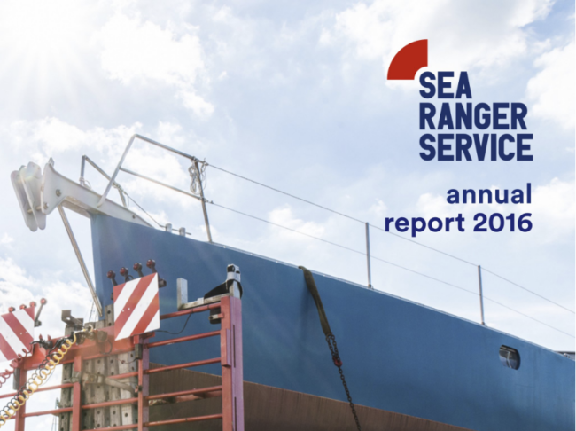 Front cover image of the Sea Ranger Service annual report 2016. The cover includes a ship in dock.